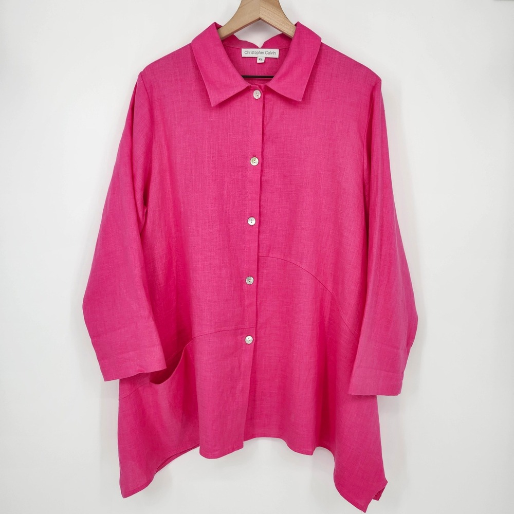 Christopher Calvin Pink Linen Tunic Top Womens‎ XL Lagom Lagenlook Minimalist